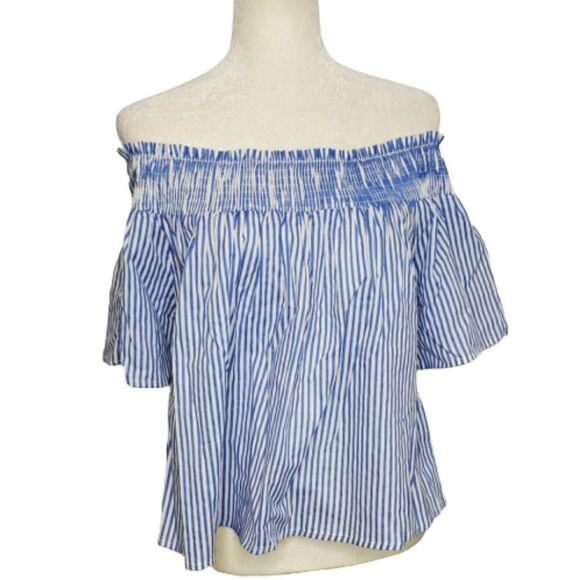 NEW Rebellion Again off‎ the shoulder blue striped boho top blouse S - Picture 2 of 7